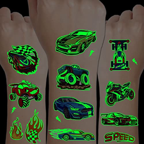 CHARLENT Glow in Dark Race Car Tattoos for Kids - 24 Sheets