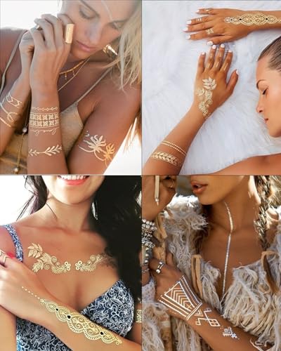 9 Sheets Gold Metallic Temporary Tattoos | 150+ Designs