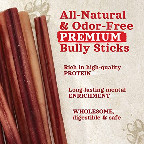 Natural Farm Bully Sticks, Odor-Free (12 Inch, 5 Count), 8.8 Oz. Per Bag, 100% Beef Chews, Grass-Fed, Non-GMO, Fully Digestible Dental Treats to Keep Your Small and Medium Dogs Busy and Happy