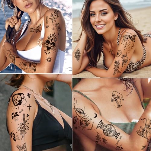 Tazimi 12 Sheets Large Black Old School Temporary Tattoos for Women Men& Adult, Traditional American Retro Styles Half Arm/DIY Free Combination Waterproof Classic Fake Tattoos Tattoo