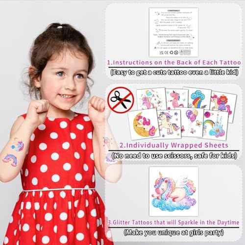 Partywind Glitter Temporary Tattoos for Kids Girls, Birthday Party Supplies Favors Decorations, Kids Goodie Bag Stuffers, Fake Tattoo Stickers for Back to School Party Games Prizes (50 Sheets)