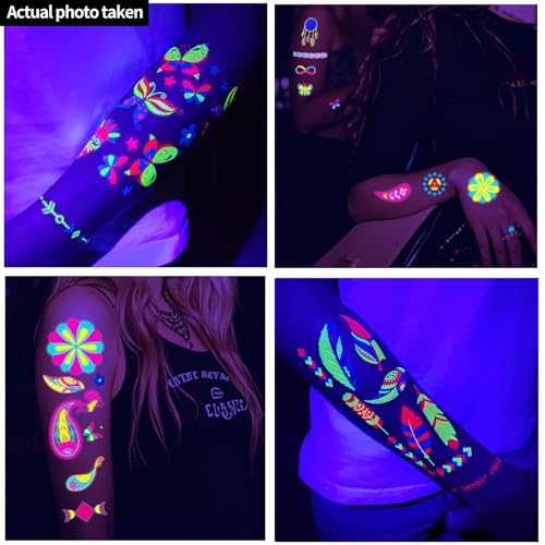 Glow in the Dark Tattoos 172 PCS Glow in the Dark Party Supplies,Neon Body Paint Be UV Blacklight Reactive Face Temporary Tattoos for Adults,Teens/Neon Accessories,Party Favors&Decorations