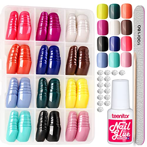 Teenitor Almond Press On Nails Medium Almond Glossy Press On Almond Fake Nails, 288Pcs Almond Shape Press On Nails With Glue,12 Color Almond Glue On Nails