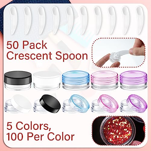 Jinei 500 Pcs 3g Empty Sample Containers with Lids Bulk Small Plastic Sample Jars Round 3ml Tiny Clear Lip Balm Lotion Pot and 50 Pcs Mini Cosmetic Spatula for Make up Powder Oils Paint Creams
