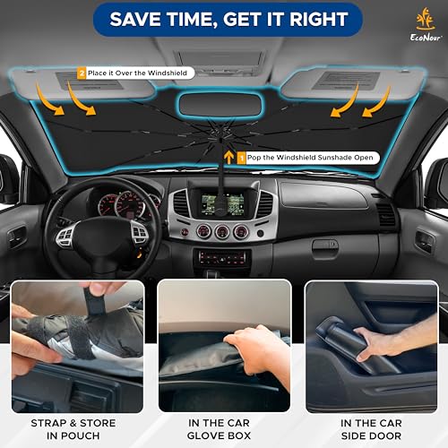 EcoNour Car Windshield Sun Shade | Foldable Car Umbrella Sun Shade | Windshield Cover Sunshade Blocks UV Rays | Sun Visor Protector | Automotive Interior Sun Protection Accessories (Medium 54 x 29)