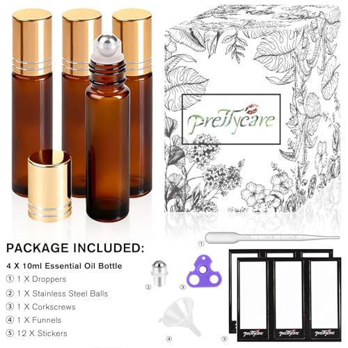 PrettyCare 4 Pack 10ml Amber Glass Oil Roller Bottles