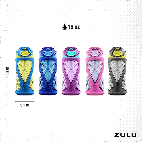 ZULU Torque 16oz Plastic Kids Water Bottle with Silicone Sleeve and Leak-Proof Locking Flip Lid and Soft Touch Carry Loop for School Backpack, Lunchbox, Outdoor Sports, Dishwasher Safe, Mojo Blue