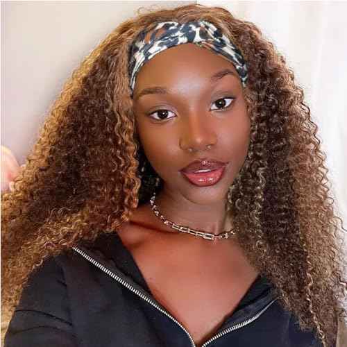 Smoothair Ombre Highlight Headband Wig Human Hair 4/27 Kinky Curly Headband Wig for Black Women 18 Inch None Lace Front Wigs Glueless Wear and Go 150% Density