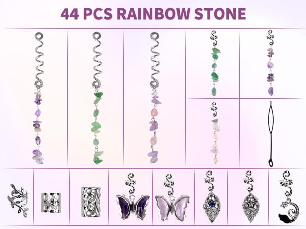 Qingchuang 44 Pcs Silver Dreadlock Accessories Natural Colored Crystal Stone Tassels Hair Charms, Light Weight Hair Jewelry pendent for Girls Women