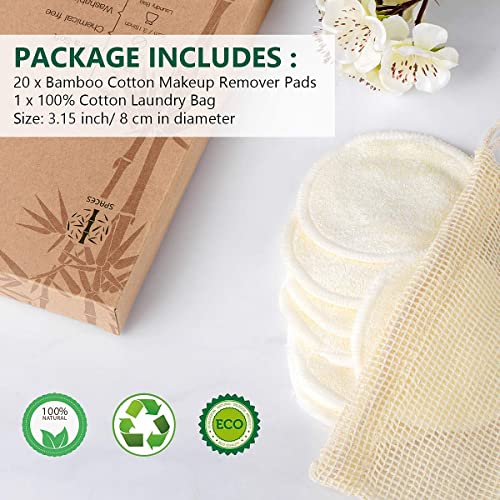 Reusable Bamboo Makeup Remover Pads, 20 Pack with Laundry Bag