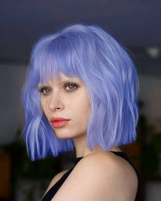 LANOVA Blue Bang Wigs, Short Curly Blue Cosplay Wigs with Bangs for Women, Synthetic Hair Bob Wig with Fringe, Short Bob Curly Wig 10 inch LANOVA-134-16