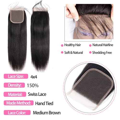 10A Straight Bundles with Closure 12 14 16 with 10 Inch Human Hair Bundles with Closure 100% Unprocessed Brazilian Virgin Human Hair Weave with Closure HD Lace