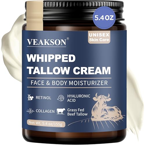 Beef Tallow for Skin, Grass Fed Whipped Beef Tallow and Honey Balm with Anti Aging Retinol, Collagen, Hyaluronic Acid for Face & Body, Wrinkle Skin Care Facial Moisturizer for Women & Men, 5.4 Oz