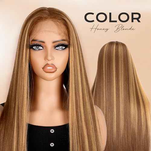 BLL Lace Front Wig Honey Blonde Synthetic Pre-Plucked Highlight Glueless Wigs 30 Inch Straight Hair Wig Ready To Wear (Honey Blonde 4/27, 30 Inch)