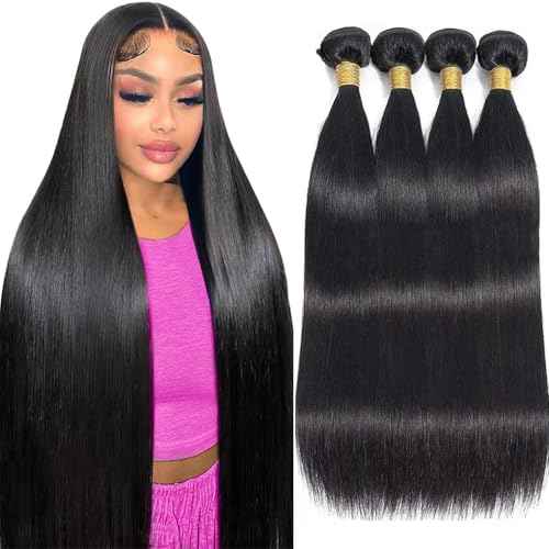12A Straight Bundles Human Hair 18 20 22 24 Inch, 100% Unprocessed Brazilian Virgin Bundles Human Hair Straight Quick Weave Bundles for Women, Sew In Hair Extensions 400g/Pack Natural Black Color