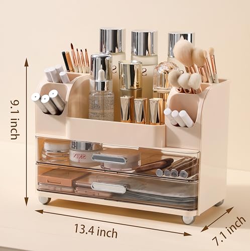 Anyoifax Makeup Organizer with Large Drawers and Clear Compartments, Beige