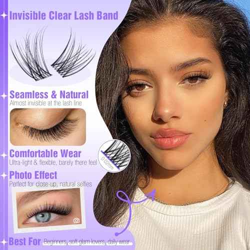 Natural Lash Clusters Wispy Eyelash Clusters Invisible Band Cluster Eyelash Extensions C Curl Individual Lashes 10-16mm DIY Cluster Lashes with Wide Clear Band for Easy Quick Application by Yawamica