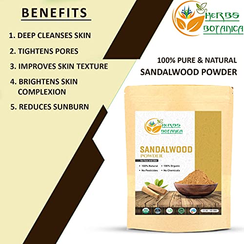 Herbs Botanica Chandan Sandalwood Powder Organic 100gm / 3.52 oz For Skin, Face Pack, Face Mask, Worship Tilak, Auspicious Occasions 100% Natural, Soothing, Cleansing, Wrinkles