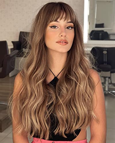 LANOVA Brown Wig with Bangs, Brunette Wig with Bangs, Honey Brown Synthetic Curly Wigs for Women, Long Brown Wigs with Fringe, Loose Curly Wigs 26 inch LANOVA-162