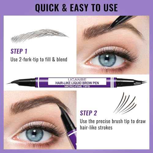 UCANBE Eyebrow Pen, Dual-Curved Eyebrow Pencils for Women, 2-in-1 Brow Pencil with 2-Fork-Tip & Precise Brush-Tip for Natural Hair-Like Brows, Waterproof Microblading Brow Pen Last 24Hrs(Black Brown)