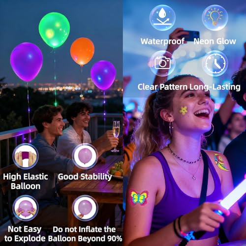 Neon Party Pack: 172 Glow Tattoos & 100 UV Balloons