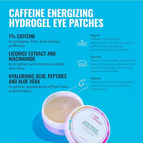Good Molecules Energizing Eye Care Set ? Caffeine Hydrogel Under Eye Patches (30ct) & Yerba Mate Wake Up Eye Gel (15ml) ? Reduce Dark Circles and Puffiness with Hyaluronic Acid - Skin Care for Face