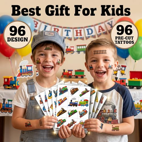 Train Temporary Tattoos for Kids, 96 PCS (8 Sheets)