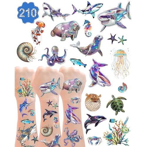 YanZonic 210Pcs Ocean Life Temporary Tattoos - Shark Tattoos Temporary for Kids, Whale Jellyfish Octopus Tattoo Non-Toxic, Under the Sea Party Decorations, Aquatic Marine,18 Sheets