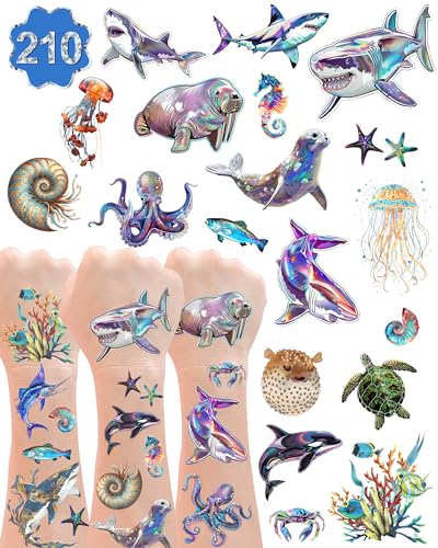 Ocean Life Temporary Tattoos - 210 Pcs, 18 Sheets