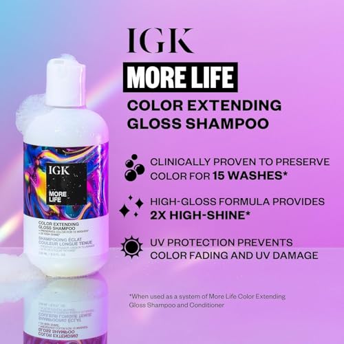 IGK MORE LIFE Color Extending Gloss Shampoo & Conditioner Set | Preserves Color + Enhances Shine | UV Protection | Vegan + Cruelty-Free | 8 oz (Pack of 2)