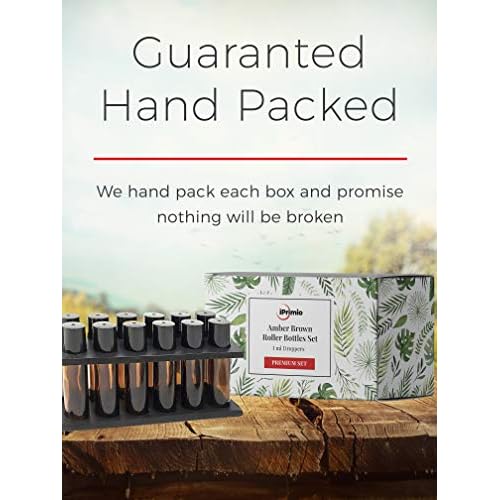 iPrimio Amber Brown Roller Bottles Set, 10 ml Roll On Stainless Steel Roller Balls for Essential Oils, Includes Droppers, Opener, and Labels for Essential Oils, Perfume, Refillable 6 Pack UV Amber