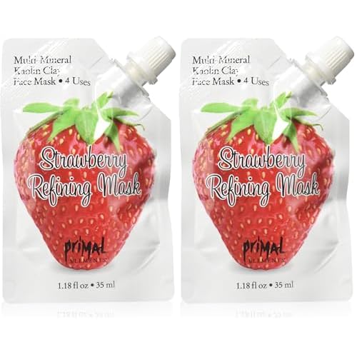 Primal Elements Face Mask, Clay Mud Facial Treatment, Reduce Pores & Treat Blackheads, Multi-Use Package, 1.18 oz - Strawberry Refining (Pack of 2)