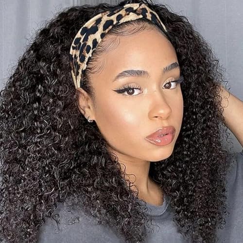 Curly Headband Wigs for Black Women Wet and Wavy Afro Headband Wig Water Wave Blend Human Hair & Synthetic Hair Ready to Go Glueless Half Wigs 180% Density (Black-#1B, 20 Inch)