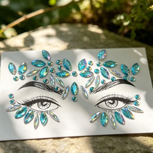 Blue Flower Rhinestone Face Gems Stickers - Festival Rave Makeup (2 Sheets)