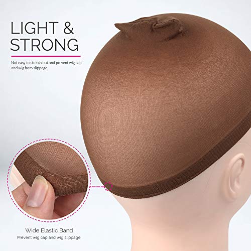 Nylon Wig Cap - Dark Brown Stocking Cap for Women, 4 Pack, Stretchy & Washable