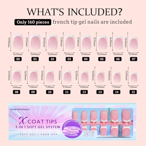 BTArtboxnails XCOATTIPS French Tip Nails - Short Press On Nails, 160 Pcs Pink Square Soft Gel Nail Tips Pre-applied Tip Primer & Base Coat, No Need File False Nails for Nail Art DIY, 16 Sizes