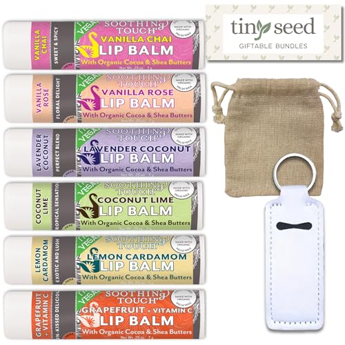 Vegan Lip Balm Set - Pack of 6 Soothing Touch Lip Balms. Includes Muslin Pouch and Lip Balm Holder (White): Lavender Coconut, Vanilla Chai, Vanilla Rose, Coconut Lime, Lemon Cardamom, Grapefruit