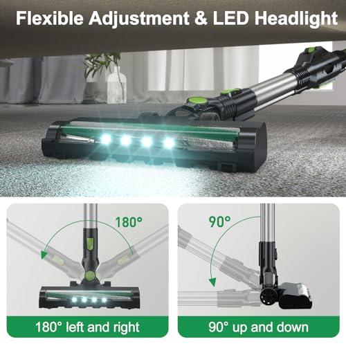 PRETTYCARELIFE Cordless Vacuum Cleaner, 6 in 1 Lightweight Stick Vacuum Self-Standing with Powerful Suction, 180° Bendable Wand Rechargeable Cordless Vacuum for Hardwood Floor (Green)