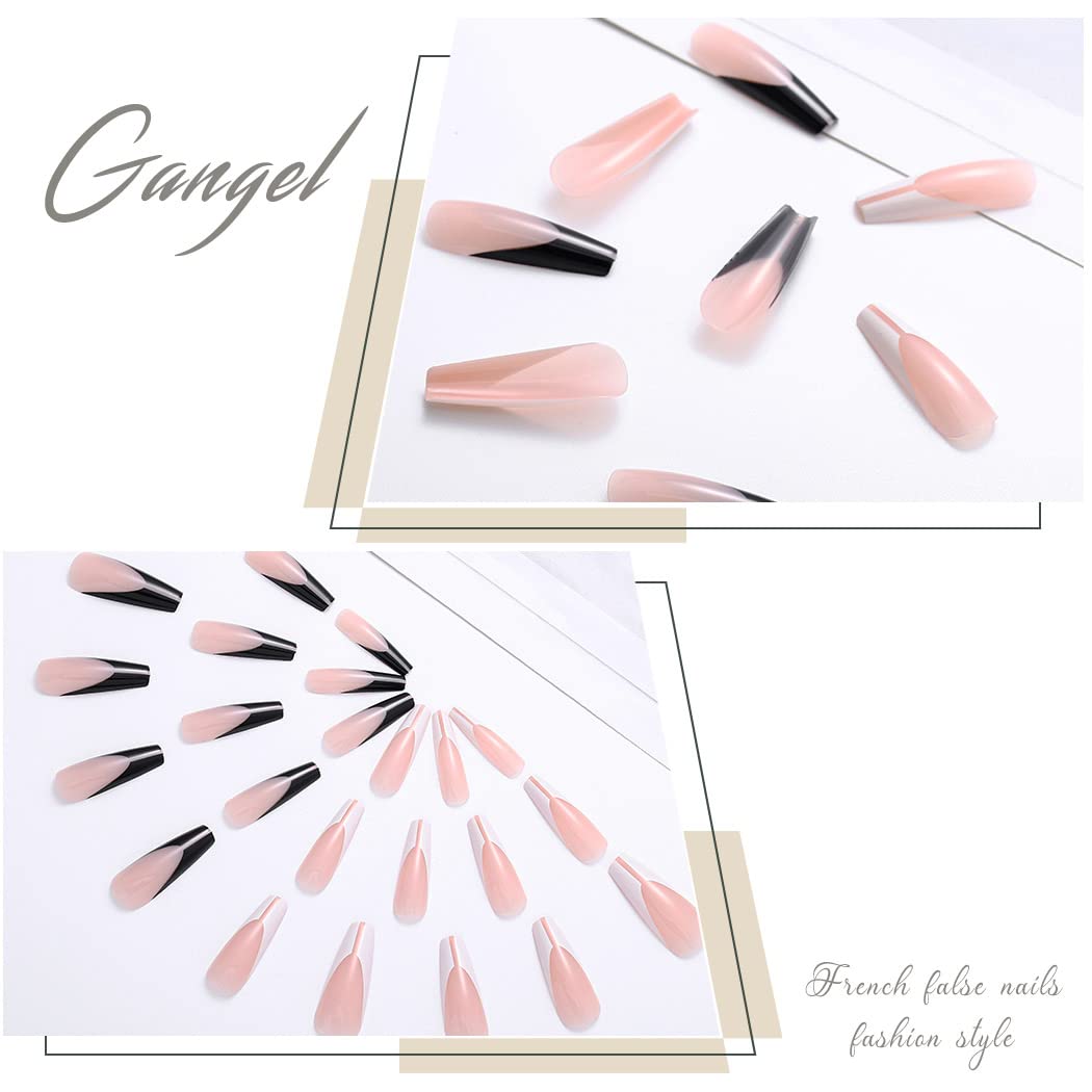 Gangel Nude False Nails Extra Long Full Cover Fake Nail Coffin Fake Nails Ballerina Acrylic Press on Nails Daily Wear Party Gifts for Women and Girls 24Pcs (Two-tone)