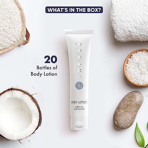 Travel Size Hotel Body Lotion 20 Count 1 oz Bottles Guest Amenities for Hotels Vacation Rentals and Short Term Rentals Paraben Free White Tea and Coconut Scent Infused with Aloe & Olive Oil by INFUSE