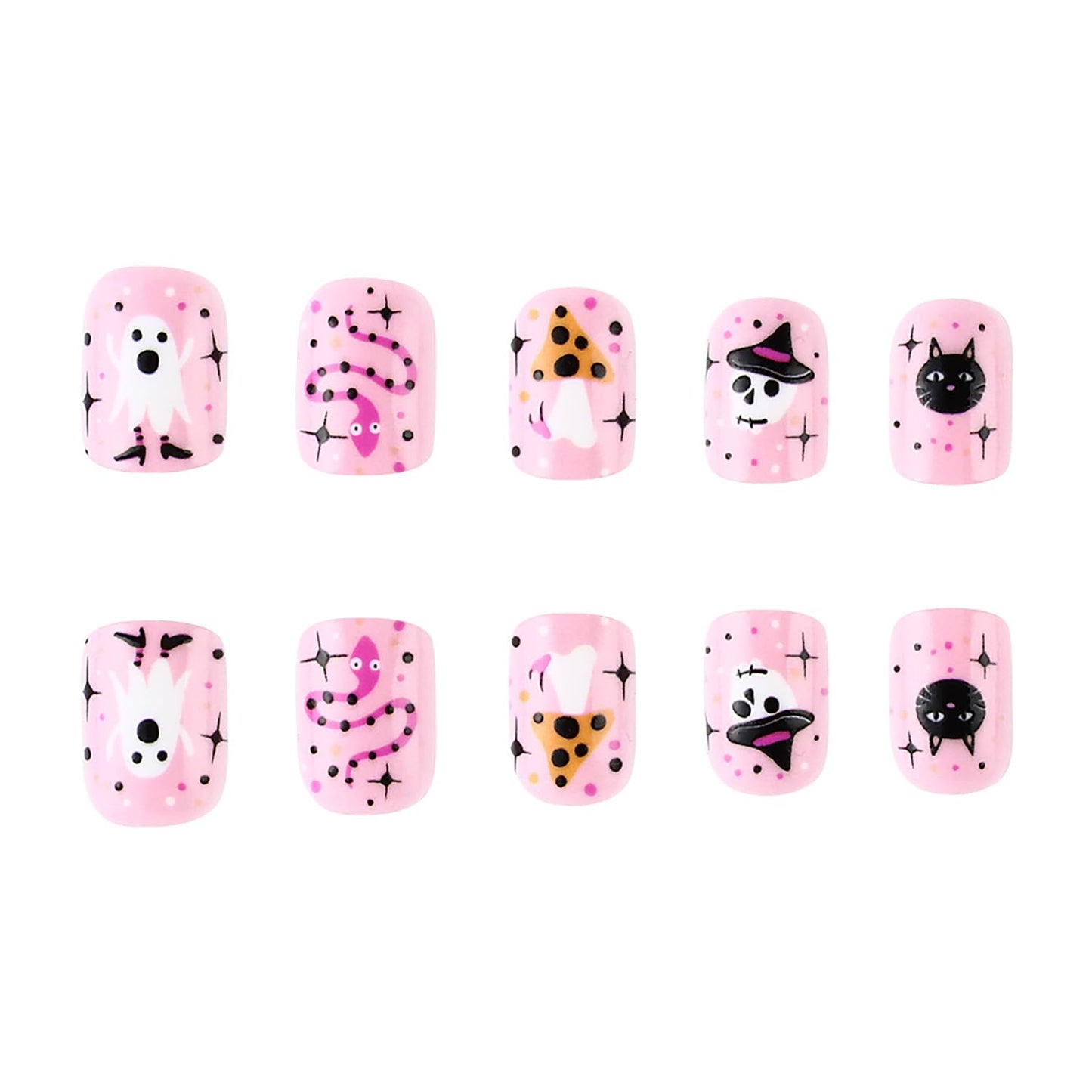 Halloween Press on Nails Short Square Petite Fake Nails Pink Little Ghost False Nails with Designs Glue on Nails Halloween Stick on Nails Cute Cat Acrylic Nails with Nail Glue for Women 24 Pcs