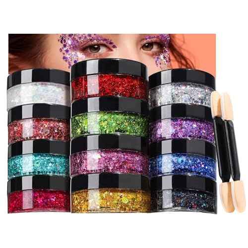 Teenitor Face Glitter Makeup Glitter, 12 Colors Face and Body Glitter Gel for Festival Makeup, Gel Hair Glitter for Face, Body, Hair, Total 120g/4.23oz