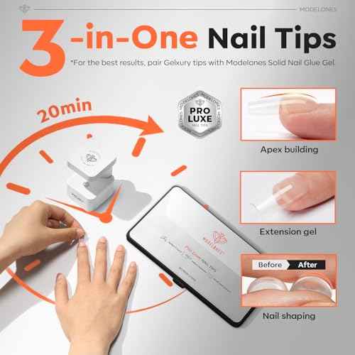 modelones Pro Luxe Instant Nail Apex Tips, Medium Square Extension Gel Tips Pre-building & Pre-etched Thicker Strength Acrylic Fake Nails Full Cover 15 Sizes