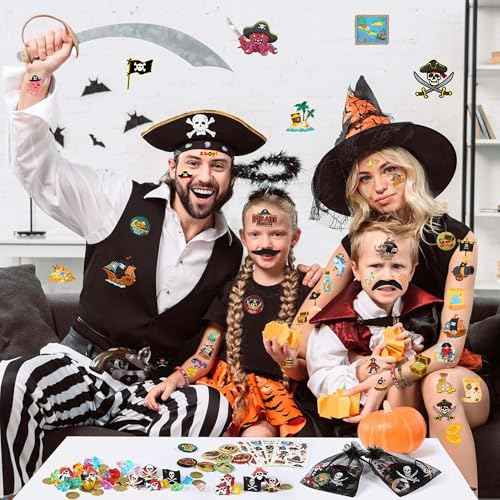50Pcs Pirate Tattoos for Kids Party Decorations, Pirate Temporary Tattoo Fake Neverland Pirated Cannon Powder Tattoo Body Sticker for Pirate Birthday Party Favors Supplies Boys Girls Party Bag Filler