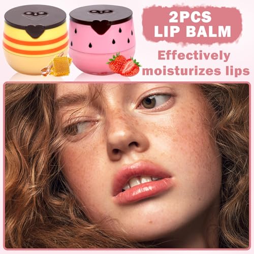 2PCS Bee Lip Balm Honey Pot,Honey Lip Balm With Honey Spoon,Honey Lip Mask Moisturizing Hydrating Prevents Dry and Chapped Lips,Lip Exfoliating Bee Lip Balm£¨Honey+Strawberry£©