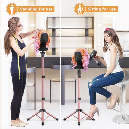 Pink Adjustable Wig Head Stand 50 Inch Tripod for Salon & Styling
