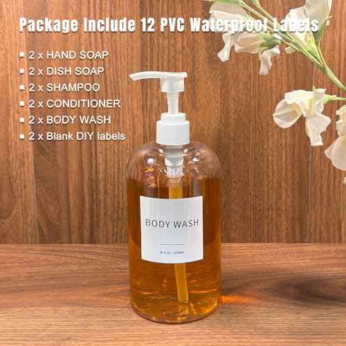 Soap Dispenser with Waterproof Labels, Thickened Plastic Hand Soap Dispenser for Bathroom, Kitchen Dish Washing Liquid Bottles, Shampoo and Conditioner Bottles (16.9 oz, Set of 2, Clear)