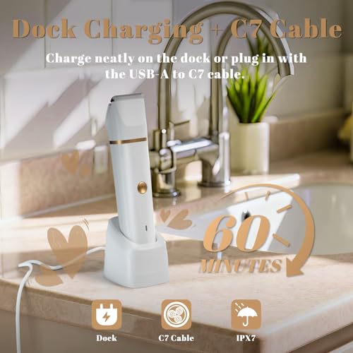 3-in-1 Bikini Trimmer for Women ? Electric Razor for Women, Body Hair Trimmer with Charging Dock & USB-A to C7 Cable, IPX7 Waterproof, 1-Month Cordless Use, Safe Multi-Area Grooming ? X5 White