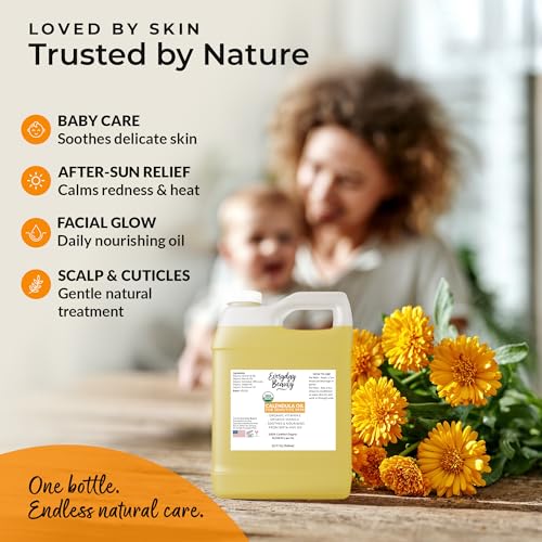 Organic Calendula Oil For Sensitive Skin -Bulk 32 Fl Oz- USDA Organic Certified 100% All Natural Plant Based, Lightweight & Unscented Gentle Soothing Oil For Sensitive Skin - For Face, Skin & All Over