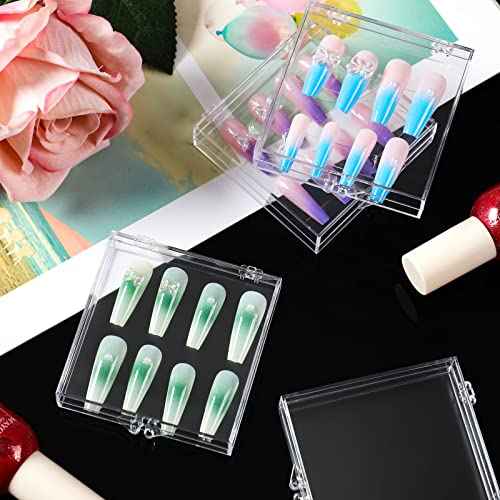 Landhoow 30-Piece Press on Nail Storage Box with 60-Piece Double-Sided Tape Acrylic Nail Display Case Packaging Organizer for Art Home Business Salon(Clear)